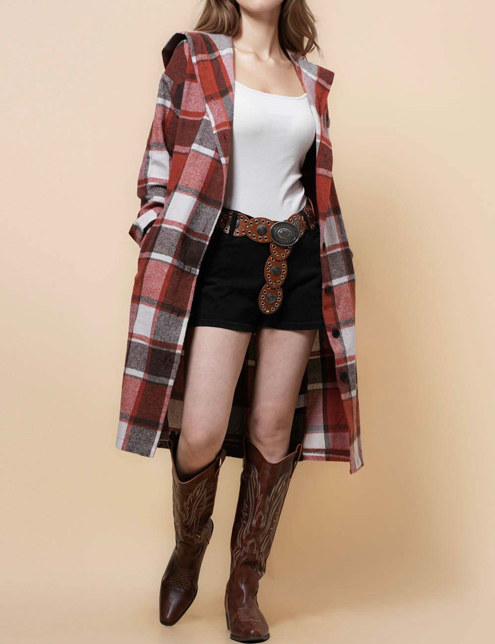 Ladies Plaid Hooded Long Sleeves Long Shirt SKT41238