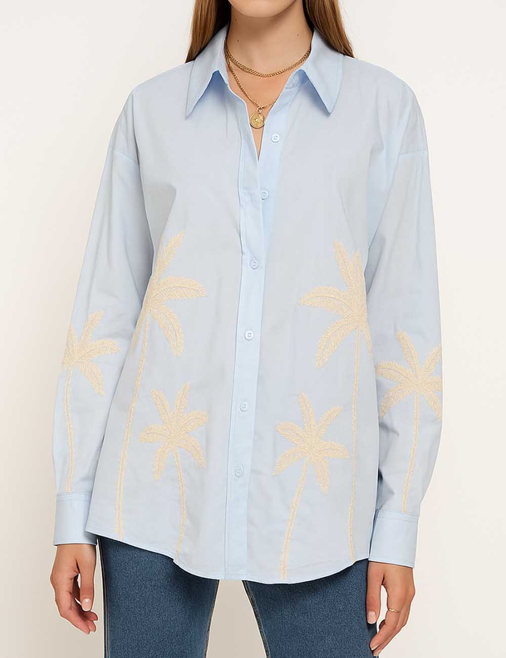 Women Color Block Coconut Tree Buttom Down Shirt