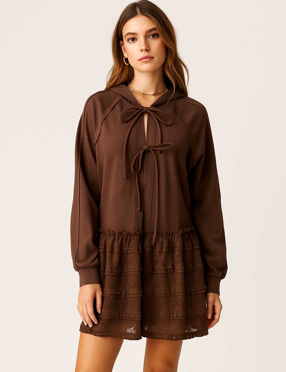 Ladies Lace Tiered Ruffled Tie Closure Hoodie Sweatshirt