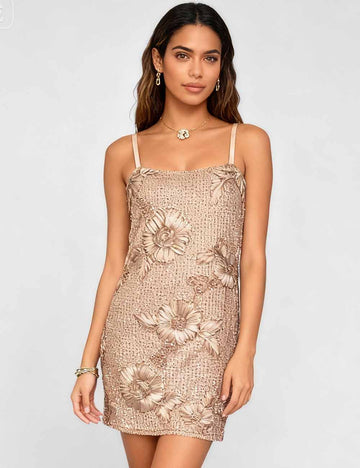 Ladies Sequin Floral Jacquard Square Neck Cami Mini Dress