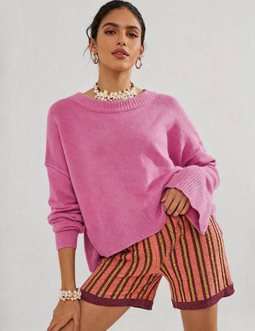 Ladies Solid Color Flared Sleeves Pullover Knit Sweater