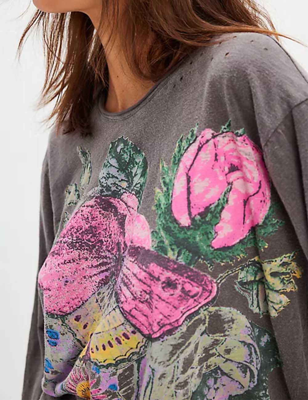 Ladies Pullover Floral Print Distressed Long Sleeves Tee