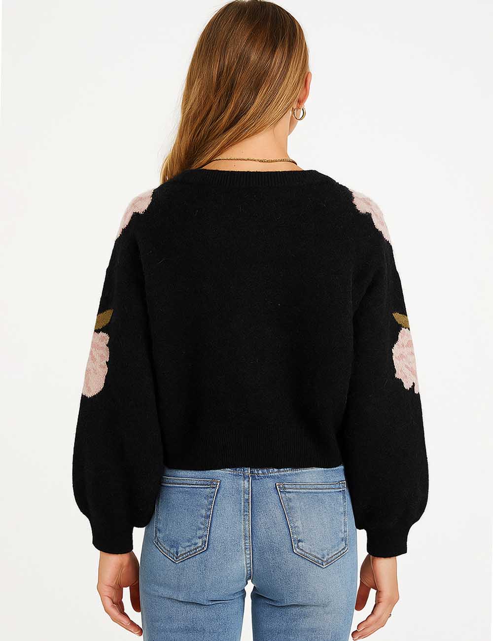 Ladies Round Neck Floral Pattern Lantern Sleeves Sweater