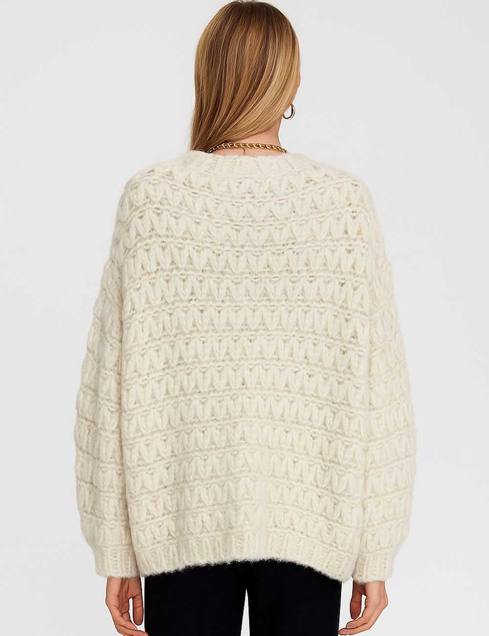 Ladies Chunky Knit Round Neck Balloon Sleeves Sweater Top