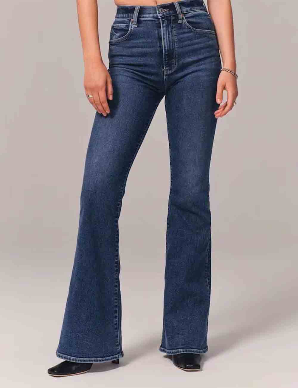 Ladies Button Pocket Flared Denim Pants