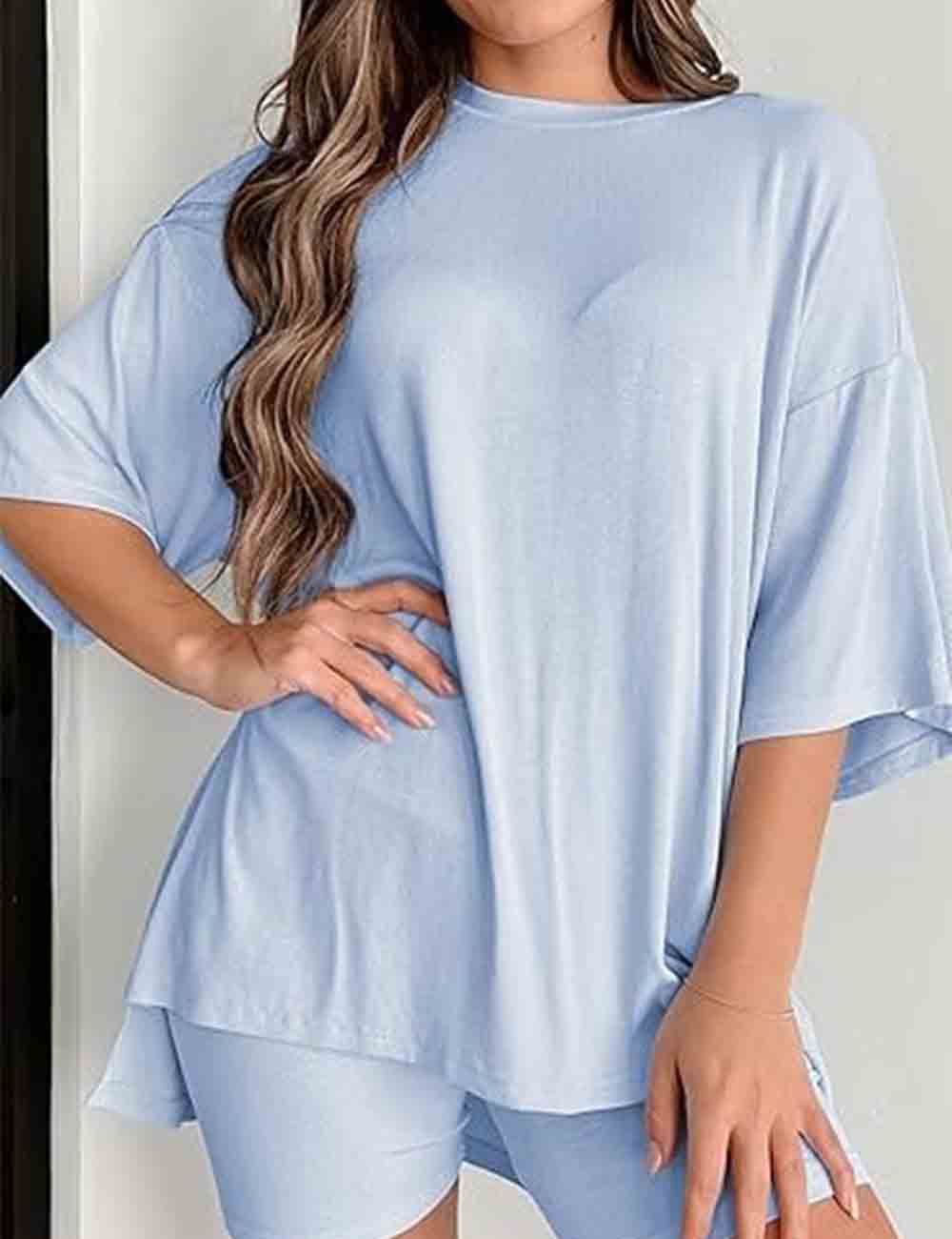 Ladies Solid Loungewear Outfits Loose Top & Slim Shorts Set