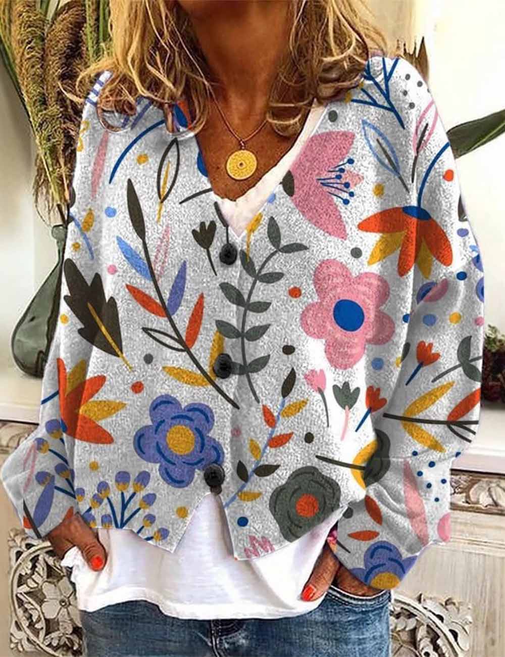 Ladies V Neck Button Long Sleeves Digital Print Cardigan