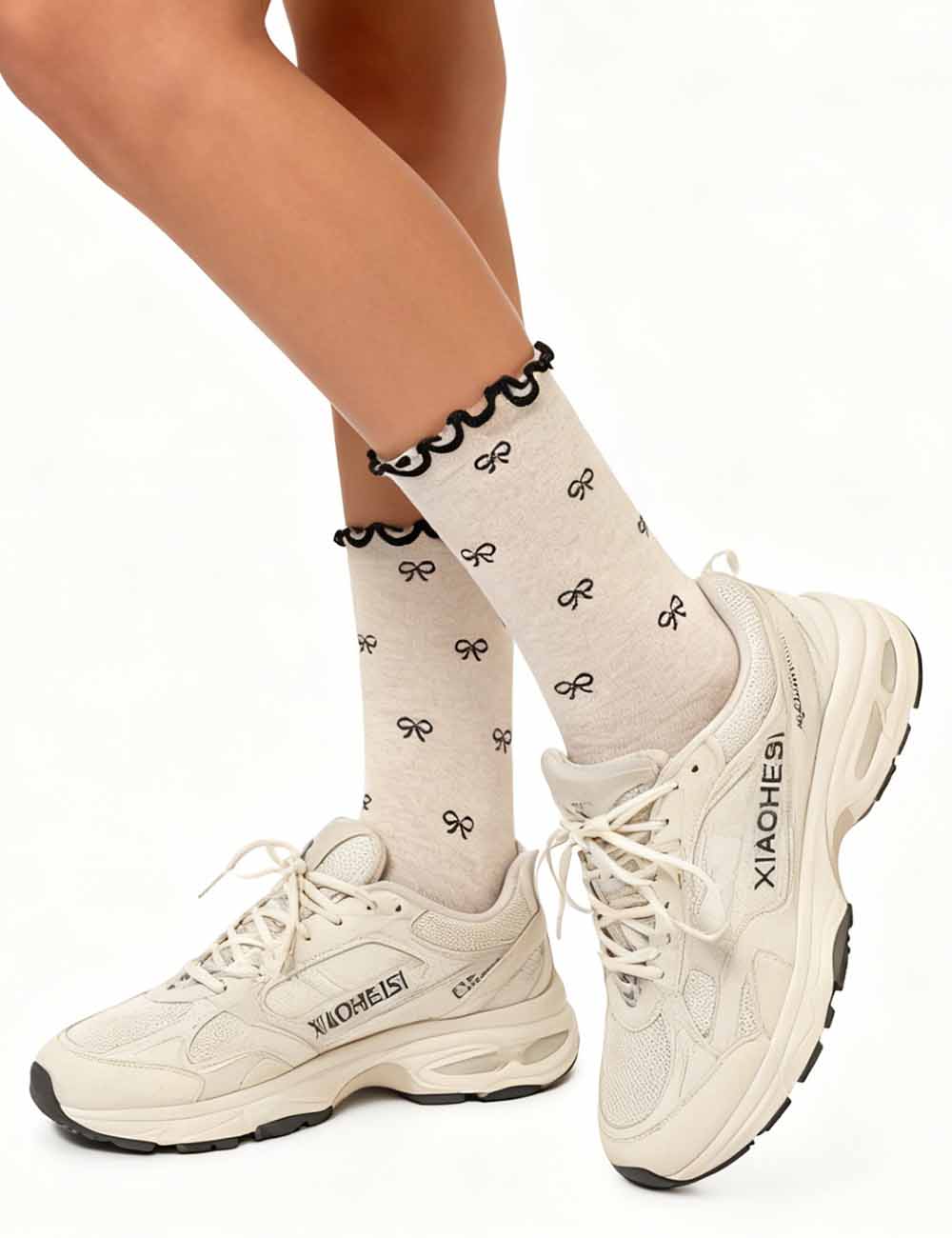 Ladies Bow Pattern Lettuce Edge Knit Midi Calf Socks