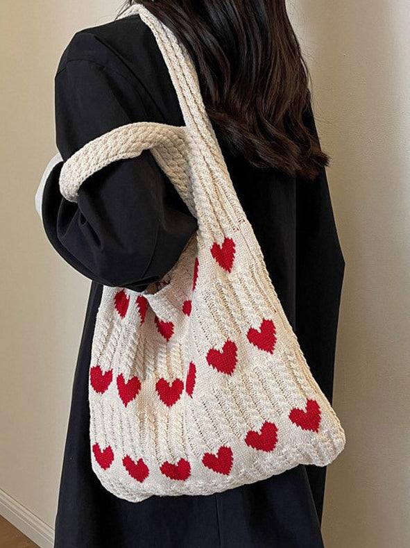 Ladies Knit Heart Shpaed One Shoulder Tote Bag SKAB4109