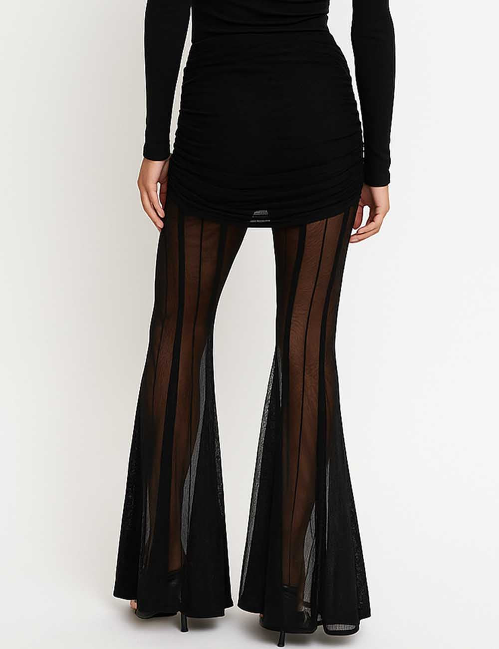 Women See Sheer Mesh Wrinkle Waist Flare Pants
