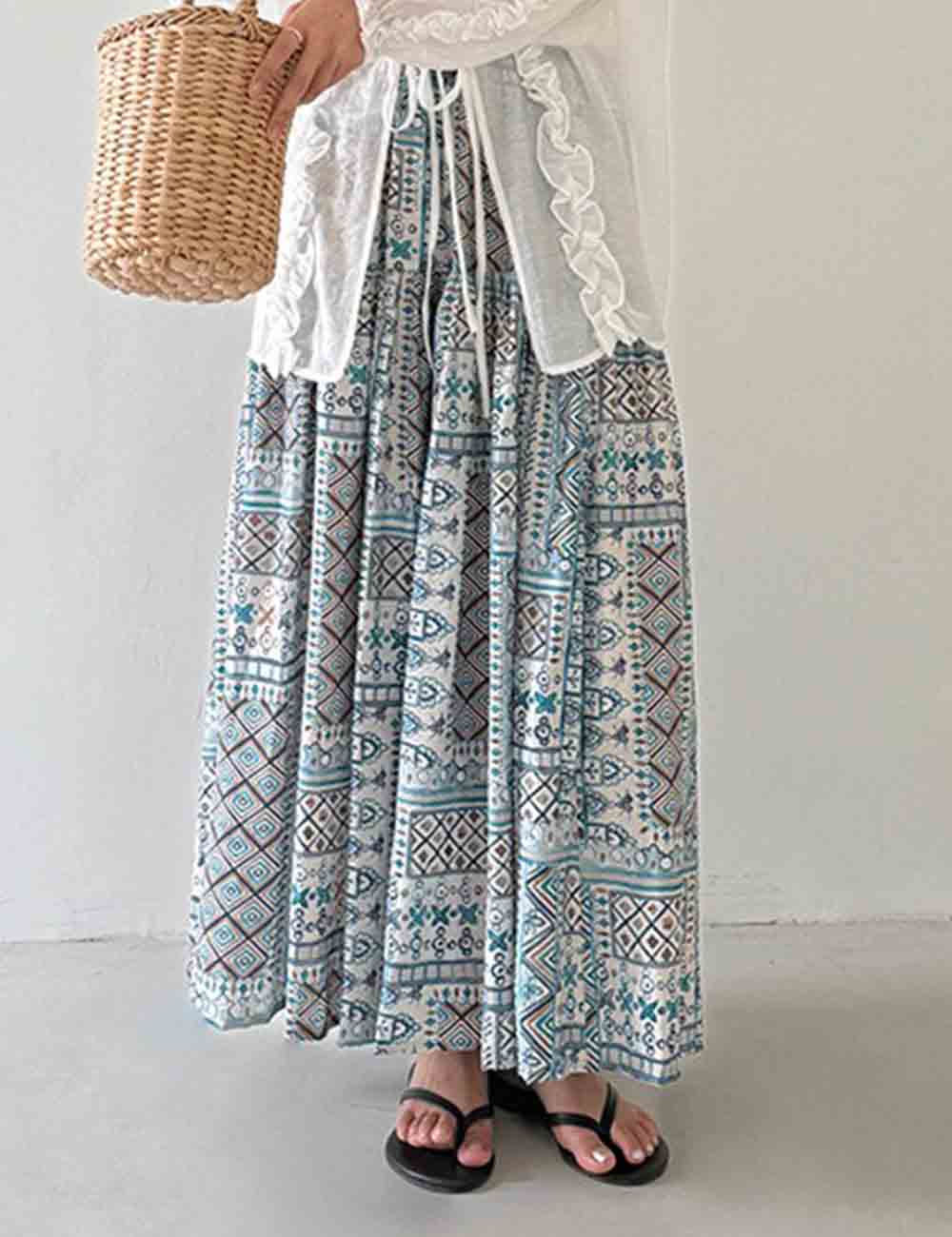 Ladies Abstract Print Tiered Midi Skirt