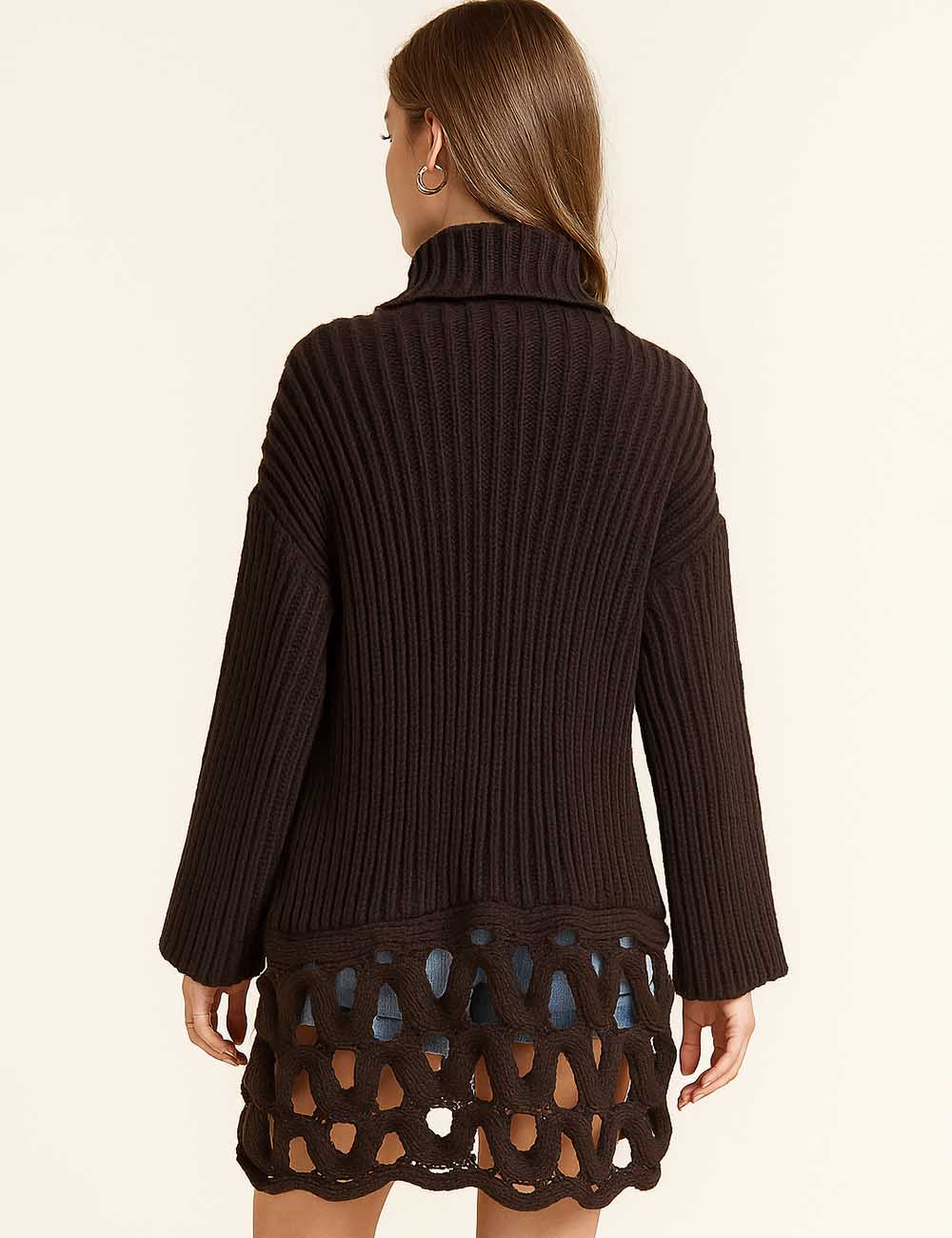 Ladies Ribbed Knit Turtle Neck Crochet Hollow Out Sweater