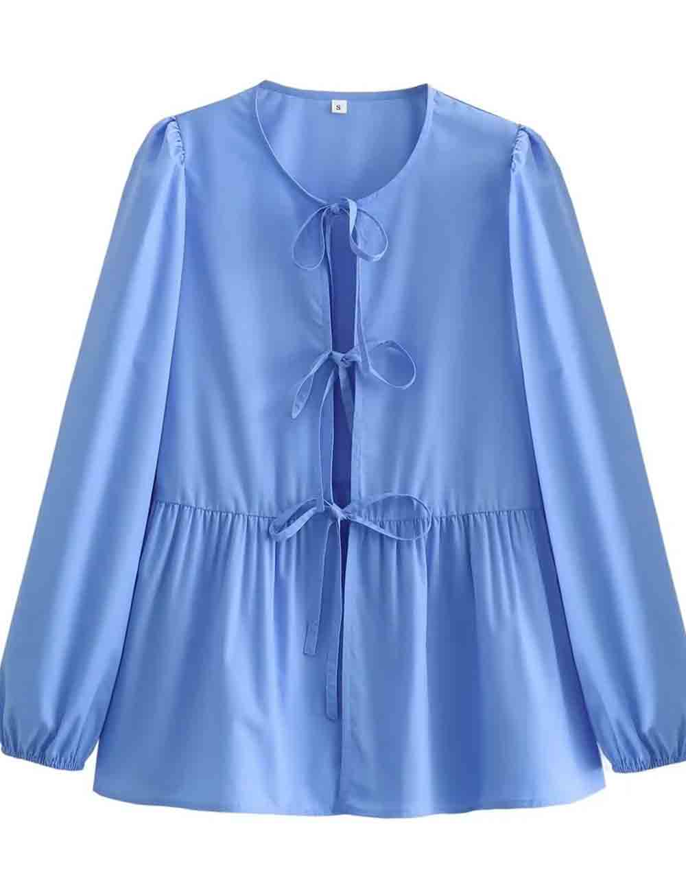 Ladies Crew Neck Front Bowknot Puff Long Sleeves Blouse