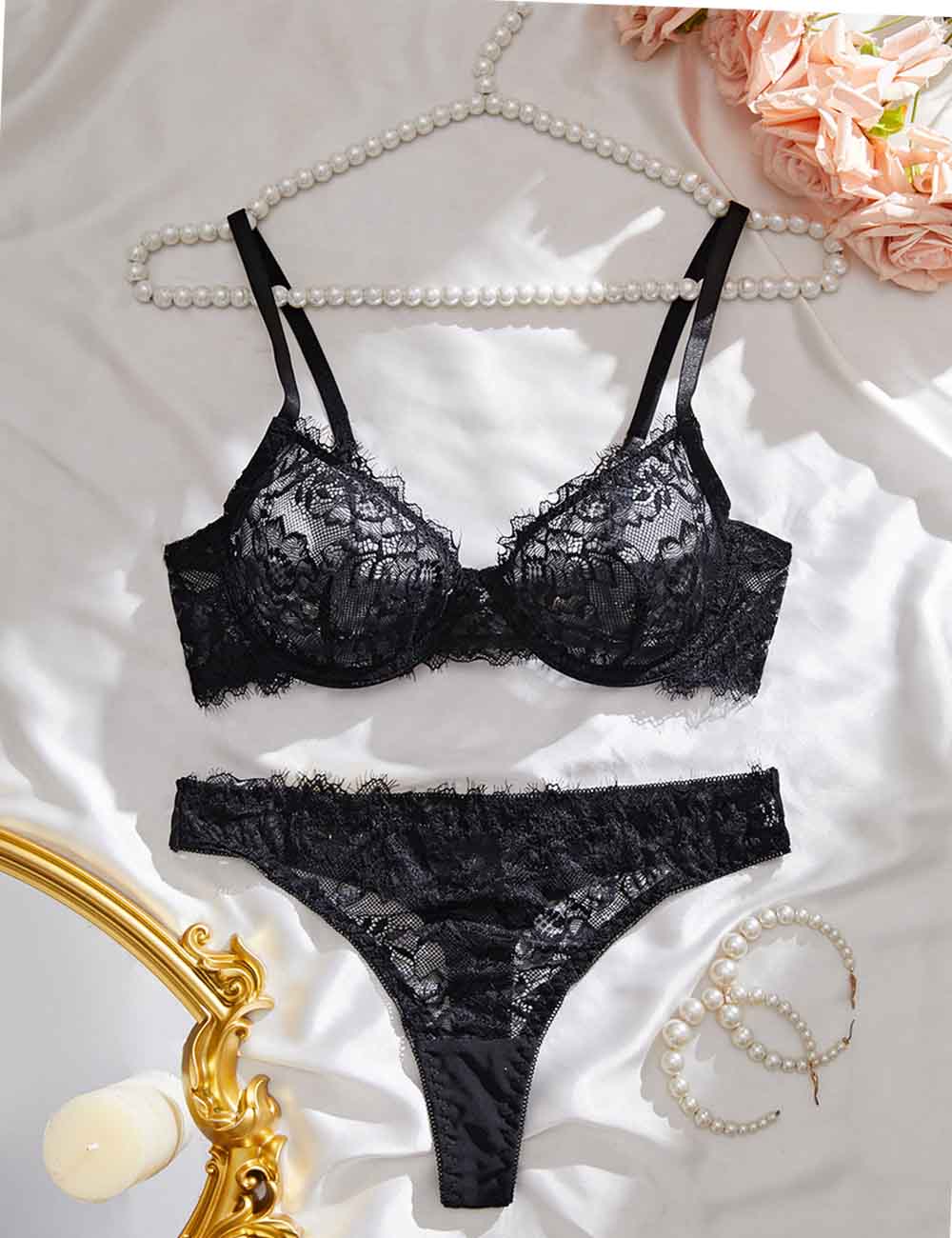 Ladies Sheer Mesh Scallop Hem Embroidery Lingerie Set