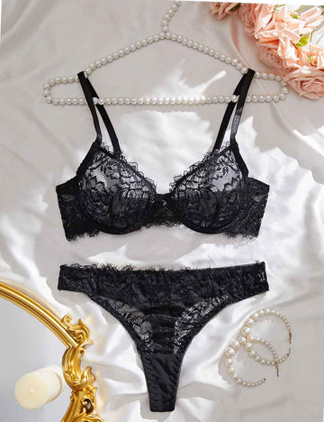 Ladies Sheer Mesh Scallop Hem Embroidery Lingerie Set