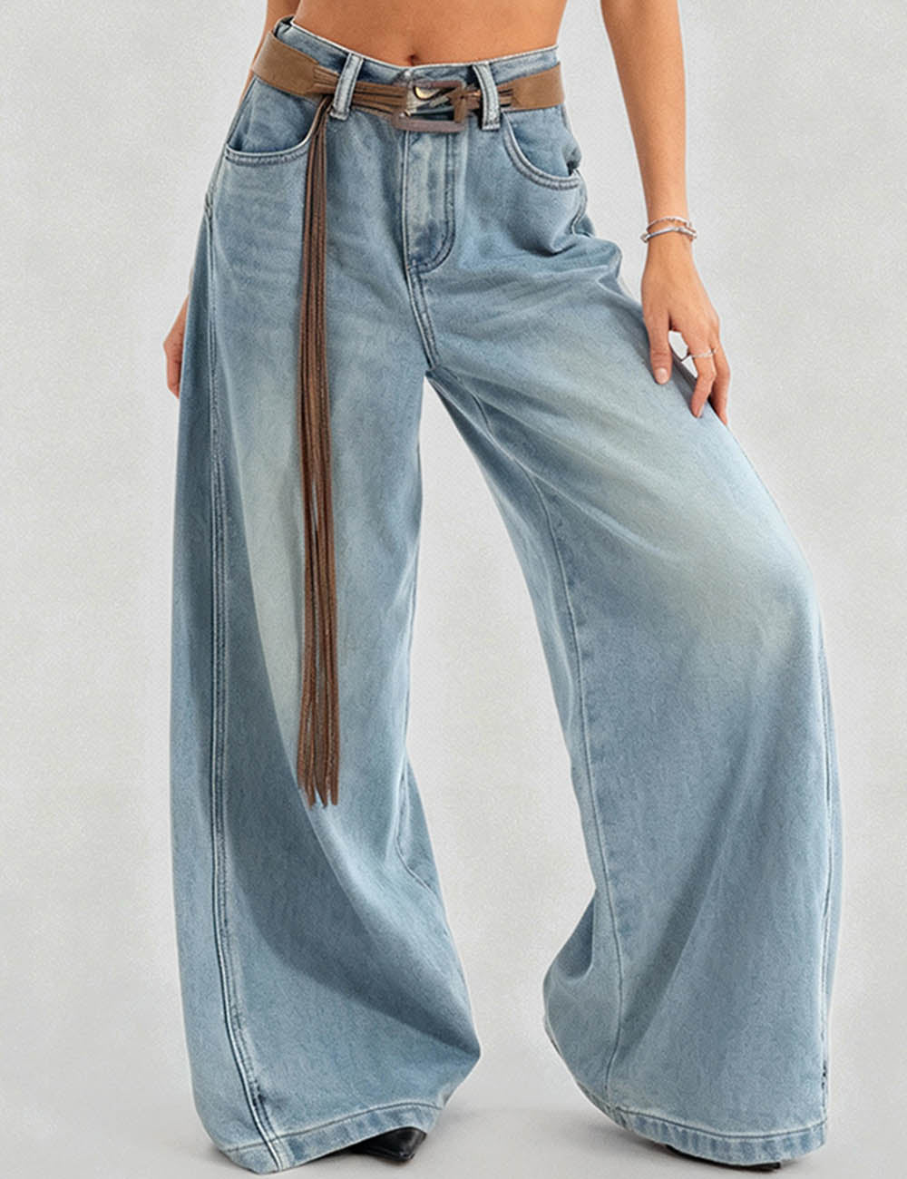 Ladies Washed Fleece Lined Wide Leg Denim Pants