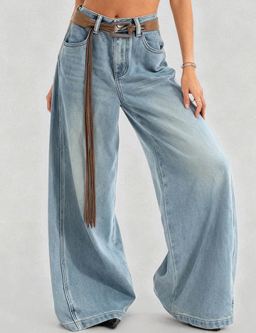 Ladies Washed Fleece Lined Wide Leg Denim Pants