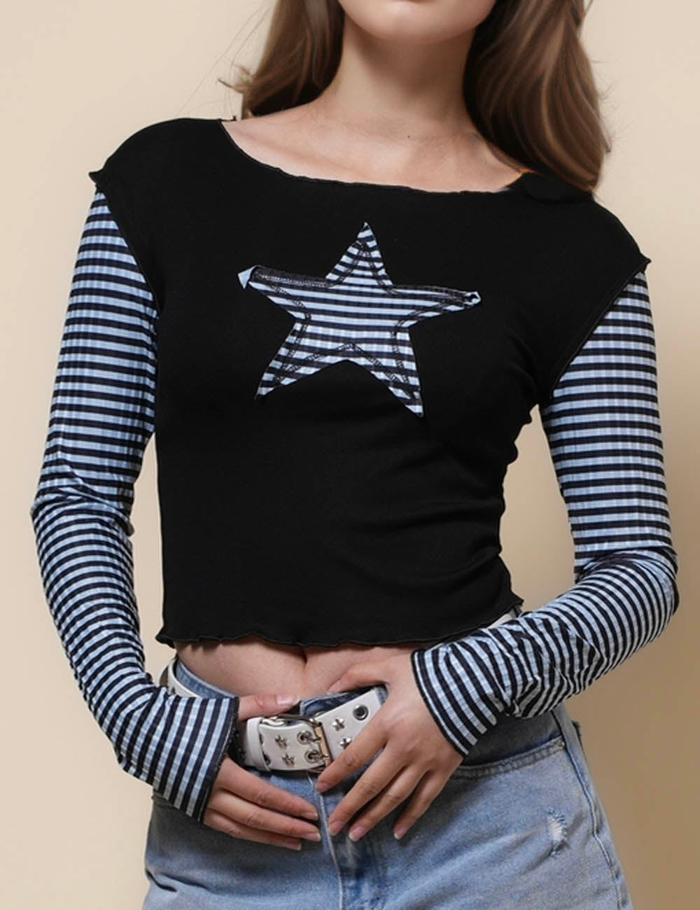 Ladies Round Neck Color Block Stripe Star Top SKT41295