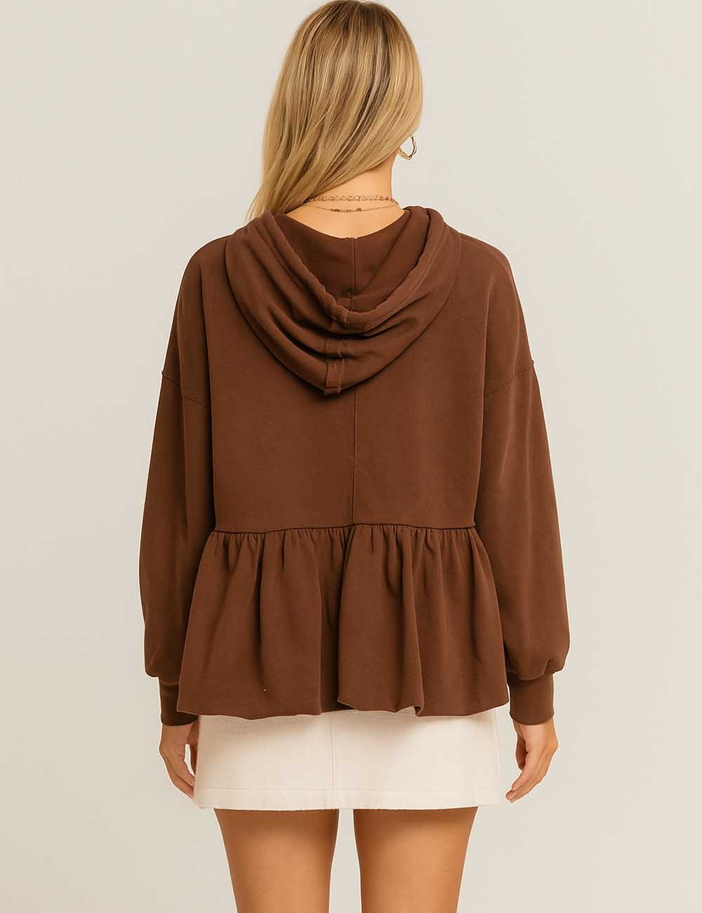 Ladies Ruffled Zipper Hoodie Drawstring Sweatshirt