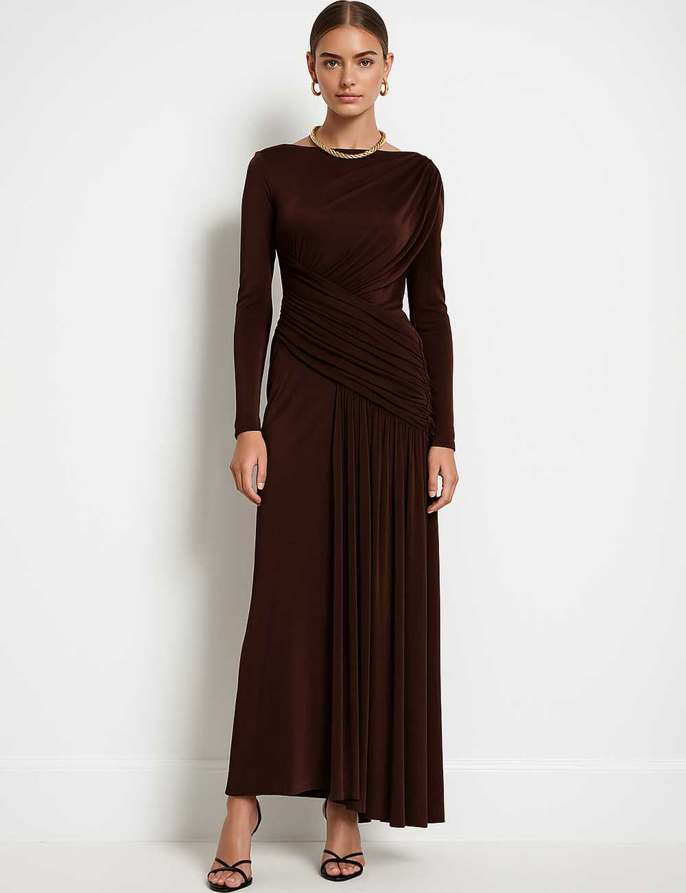 Ladies Solid Color Irregular Wrinkle Long Sleeves Maxi Dress