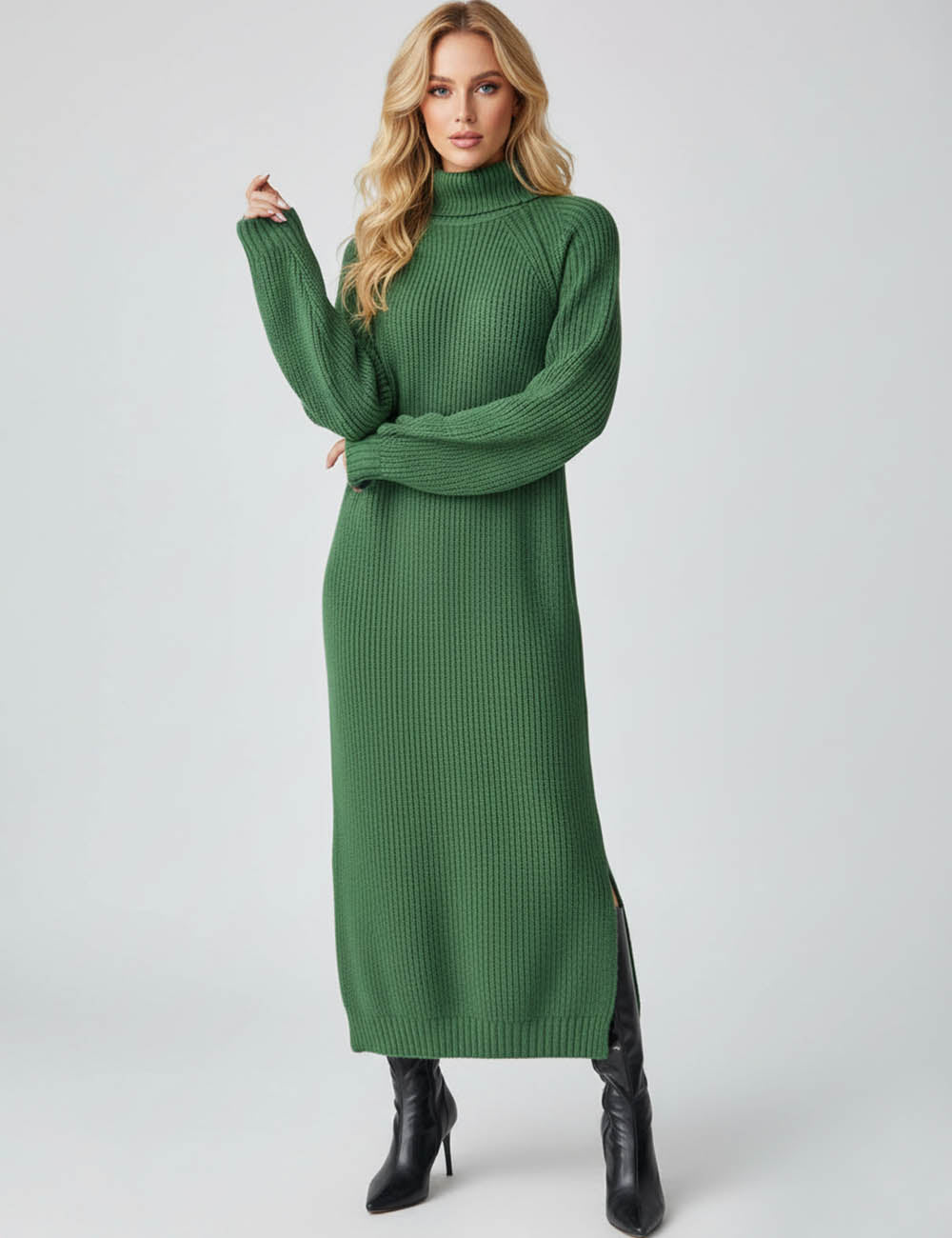 Ladies Solid Color Turtle Neck Long Sleeves Sweater Midi Dress