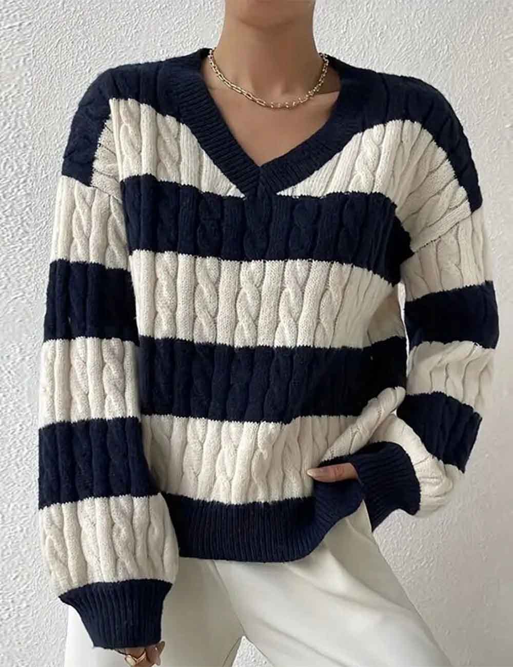 Ladies Striped Color Block V-Neck Long Sleeves Cable Knit Sweater