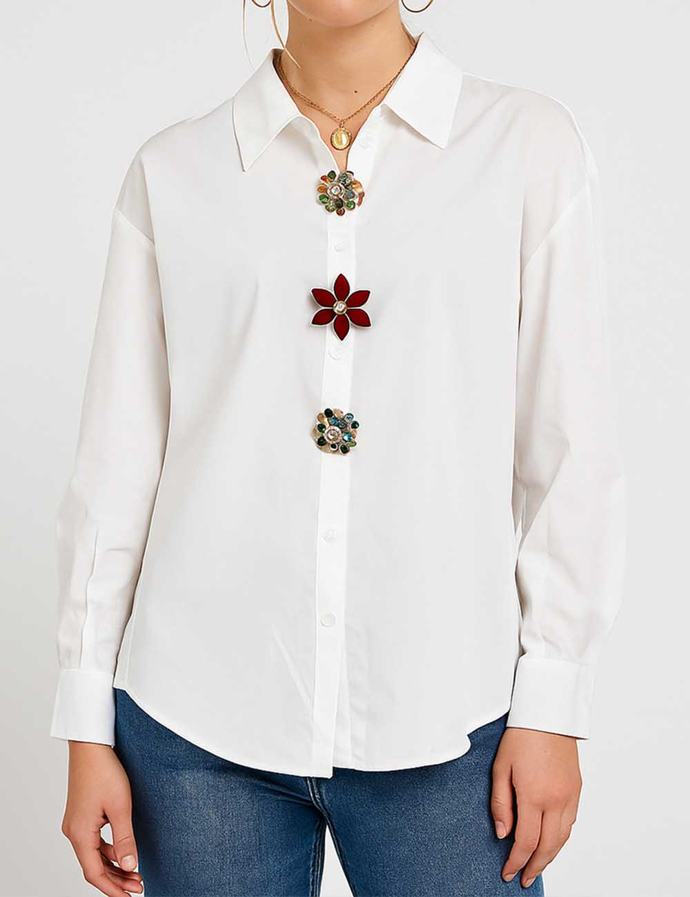 Ladies White Shirt Colorful 3D Flower Beading Button Shirt