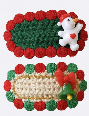 Ladies Christmas Snowman Bell Crochet Knit 2 Pack Hair Clip