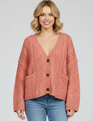 Ladies V-Neck Button Front Long Sleeves Cropped Knit Cardigan