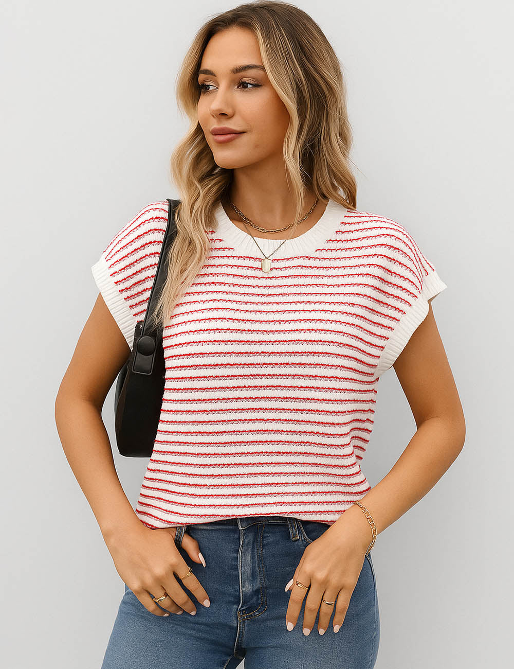 Ladies Striped Knit Top Rib Trim Short Sleeves Sweater