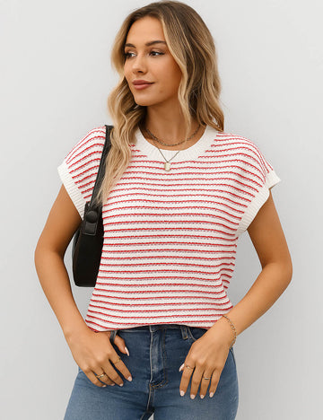 Ladies Striped Knit Top Rib Trim Short Sleeves Sweater