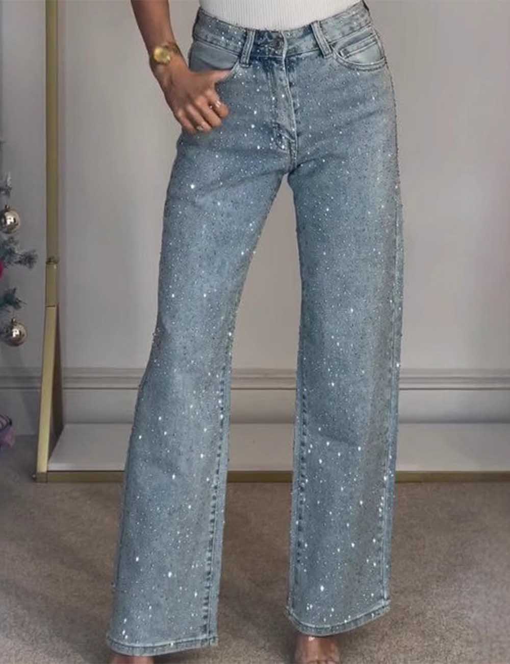 Ladies Rhinestone Button Pocket Straight Denim Pants