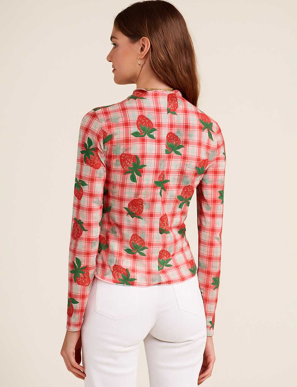Women Strawberry Checked Layring Top See Sheer Blouse