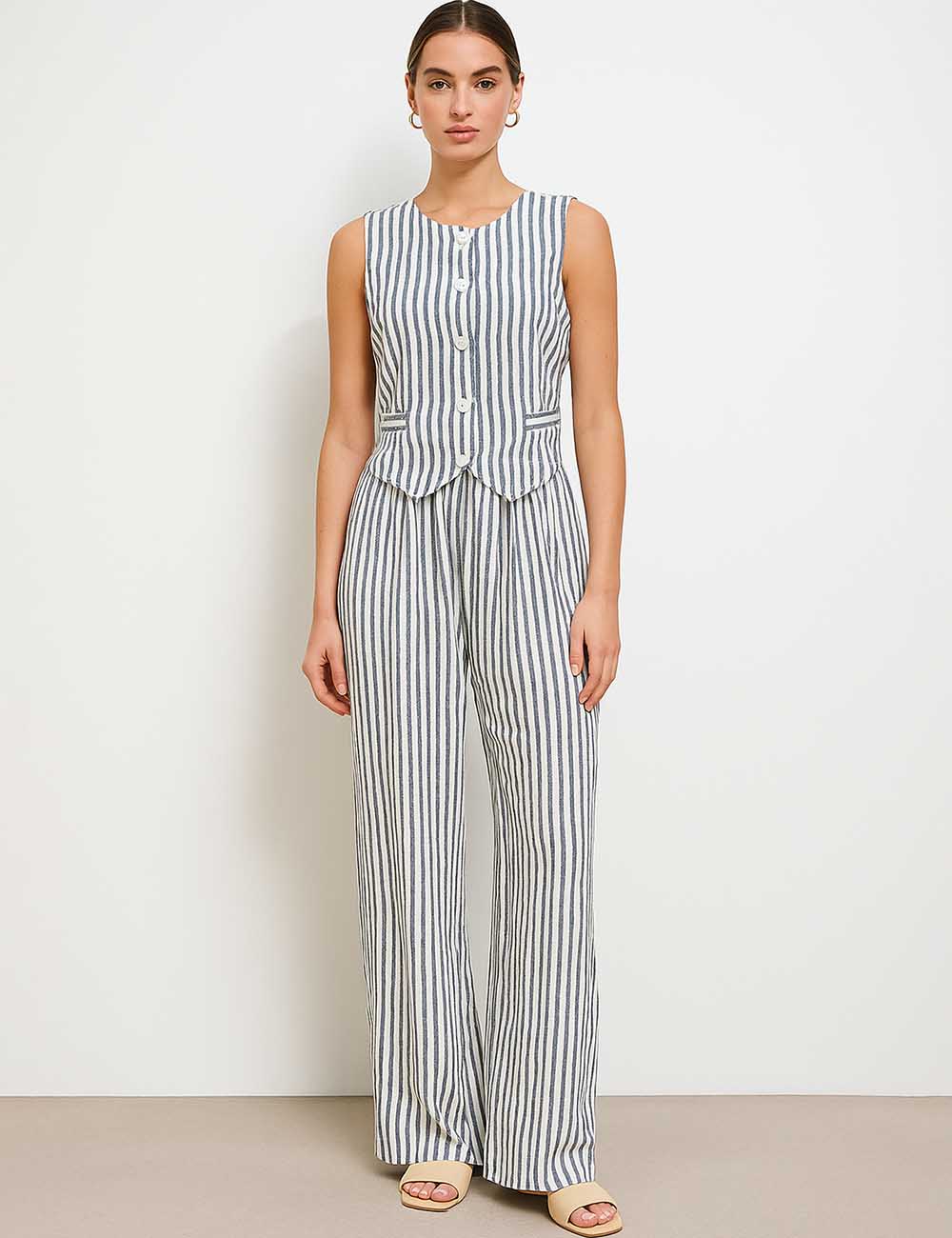 Ladies Striped V-Neck Sleeveless Wide Leg Vest & Pants