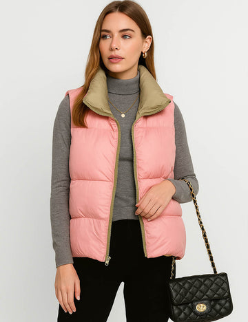 Ladies Reversible Stand Collar Zipper Padded Vest