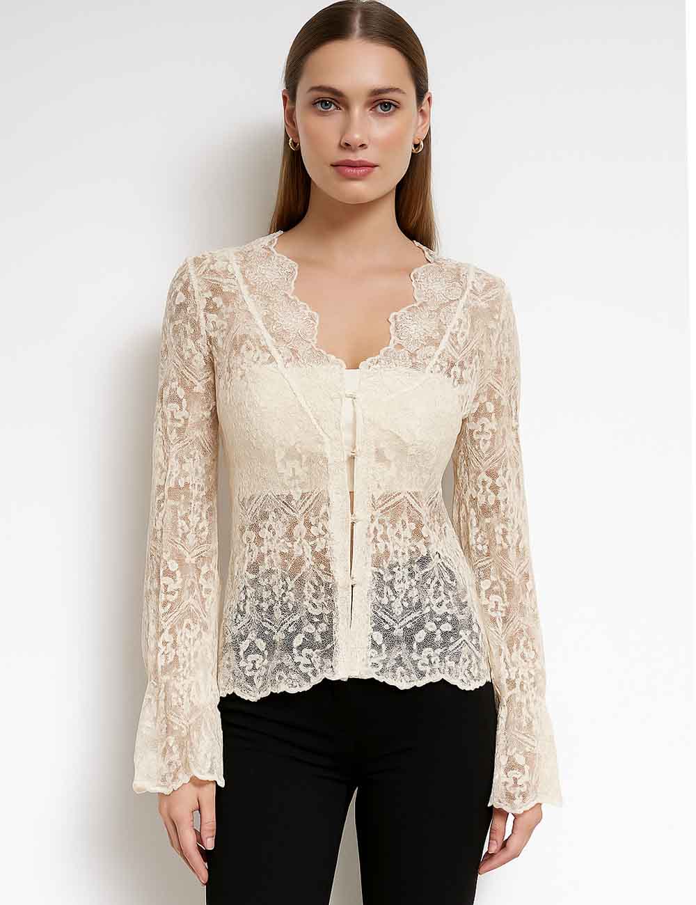 Ladies V-Neck Floral Embroidery Bell Sleeves Button Blouse