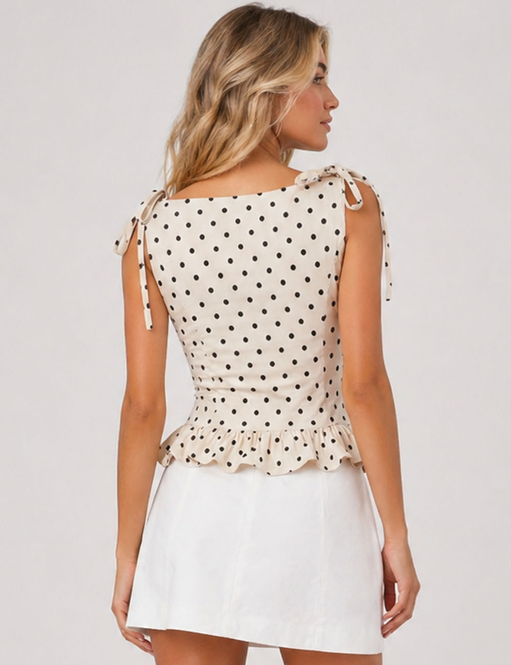 Ladies Polka Dot Tie Shoulder Sleeveless Ruffle Sleeveless Top