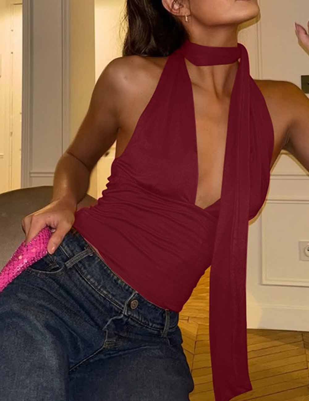 Ladies Solid Color Halter Back Open Cami SKT5KC103
