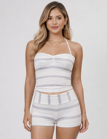Ladies Chic Striped Halter Top & Foldover Shorts Matching Set