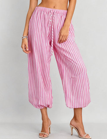 Ladies Striped Drawstring Cinched Hem Balloon Pants