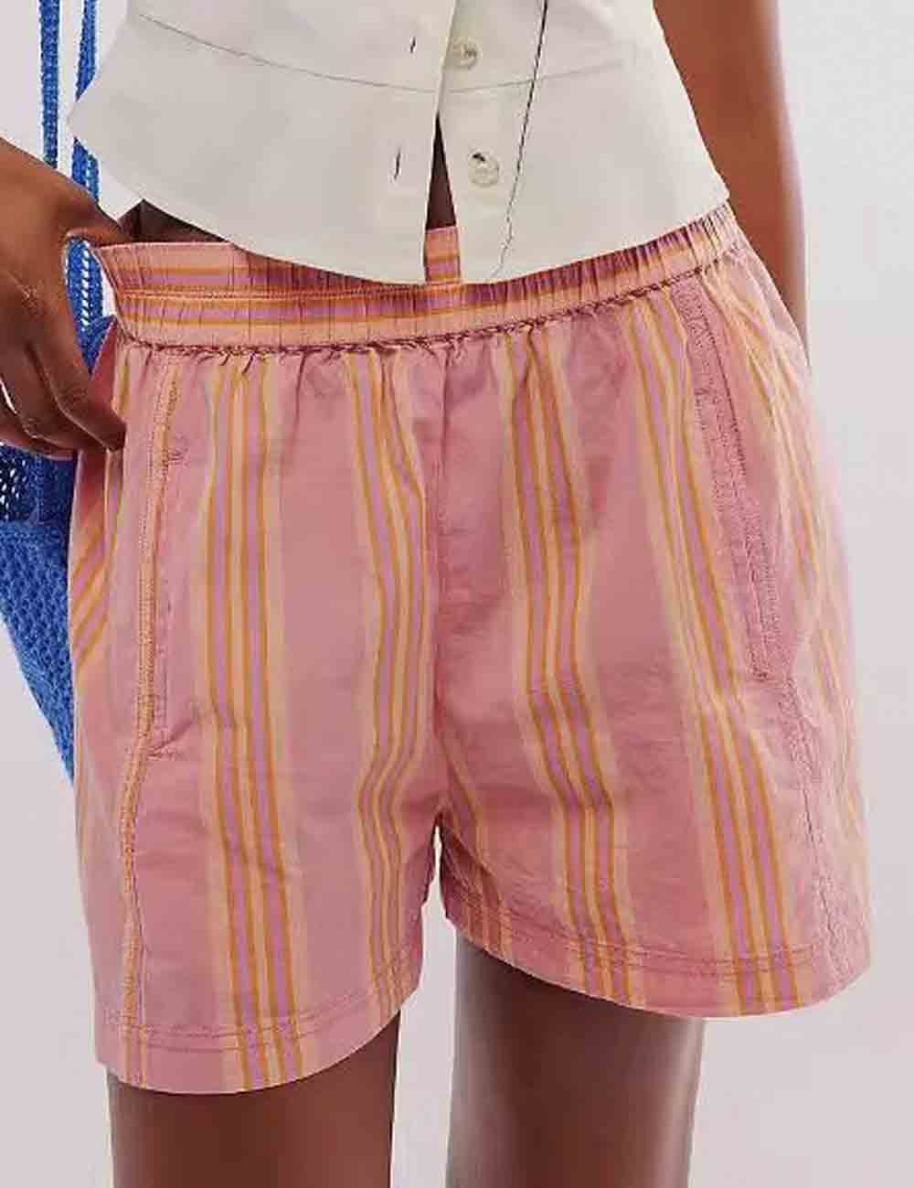 Ladies Multicolor Striped Print Elastic Waist Shorts