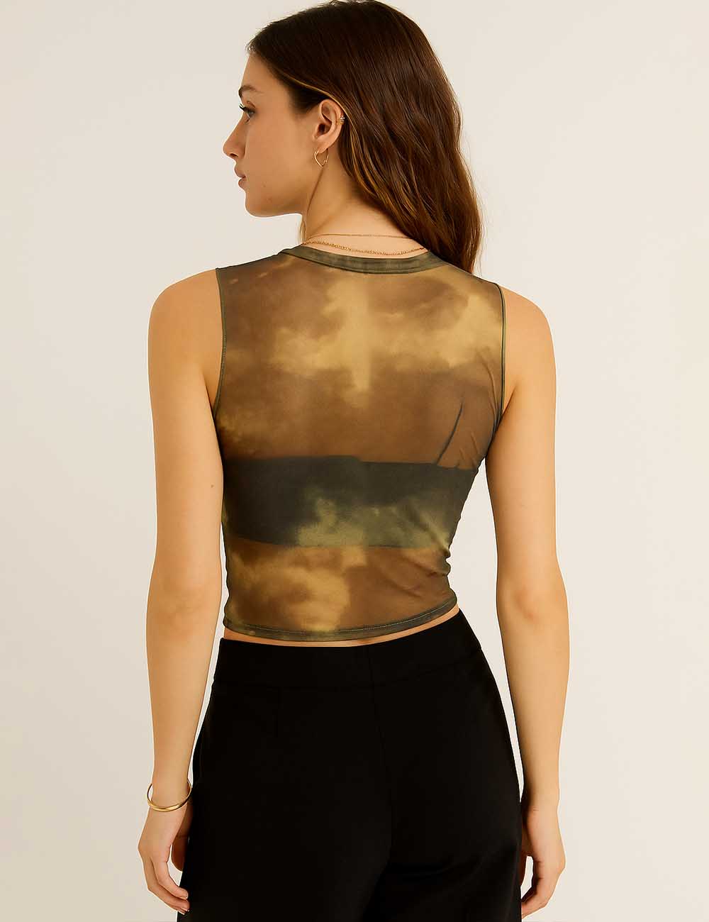 Women Color Block Mesh Clould Sleeveless Layering Tank Top