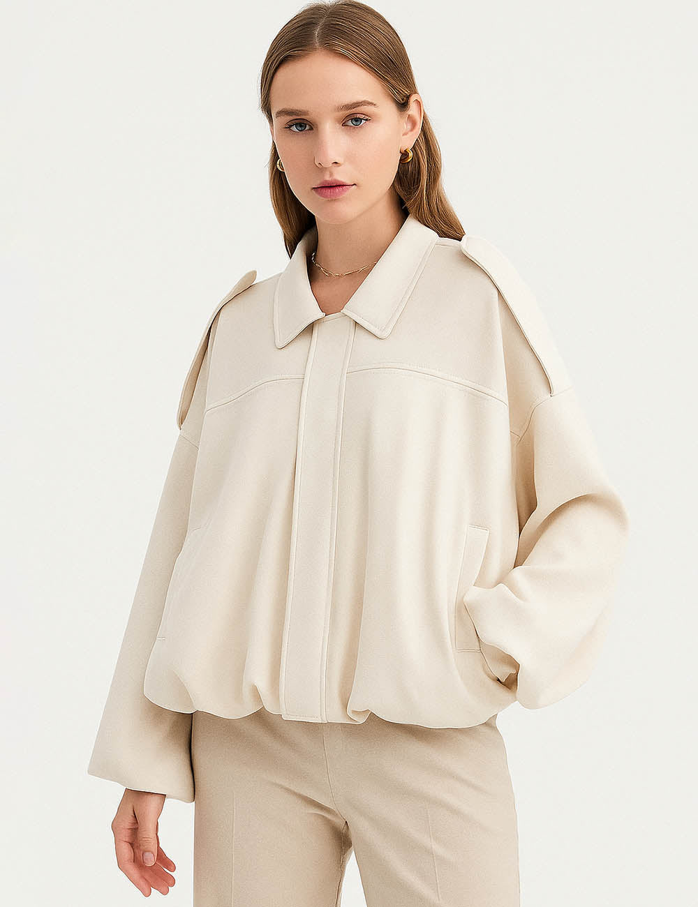 Ladies Faux Suede Shirt Collar Pocket Jacket