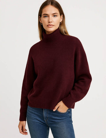 Ladies Solid Color Turtle Neck Rib Trim Knit Sweater
