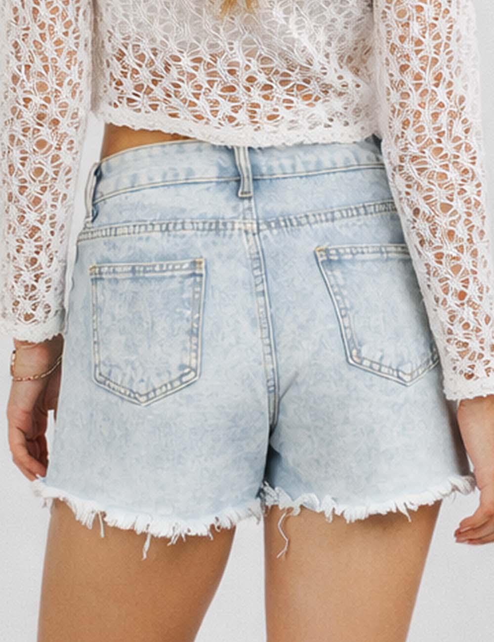 Ladies Distressed Raw Edge Hem Denim Shorts