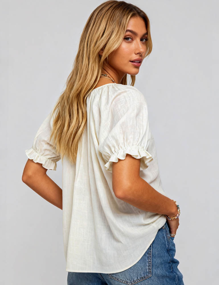 Ladies Embroidery Hollow Out Tie Neck Short Sleeves Blouse