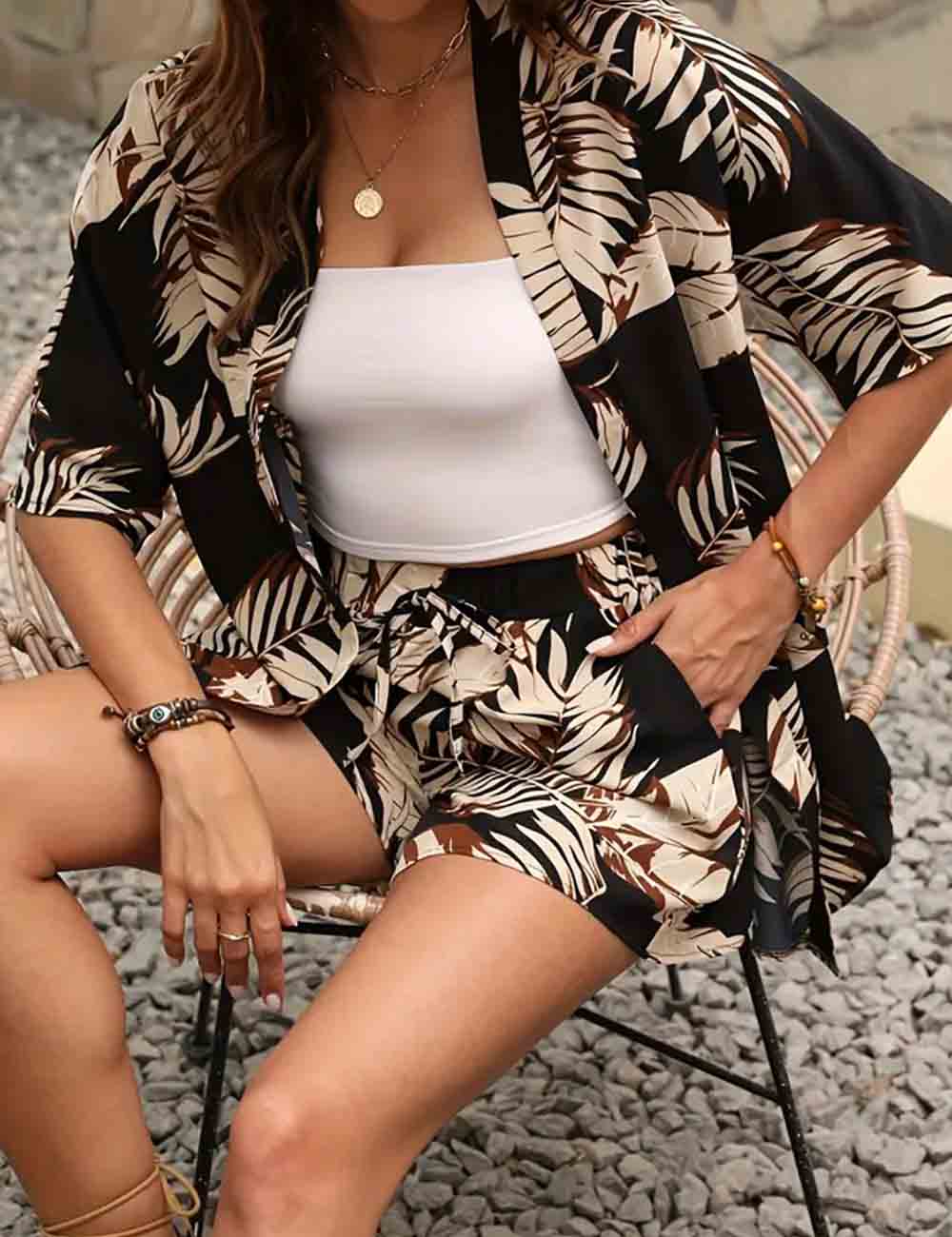 Ladies Boho 2PCS Short Sleeves Kimono Top & Shorts Set