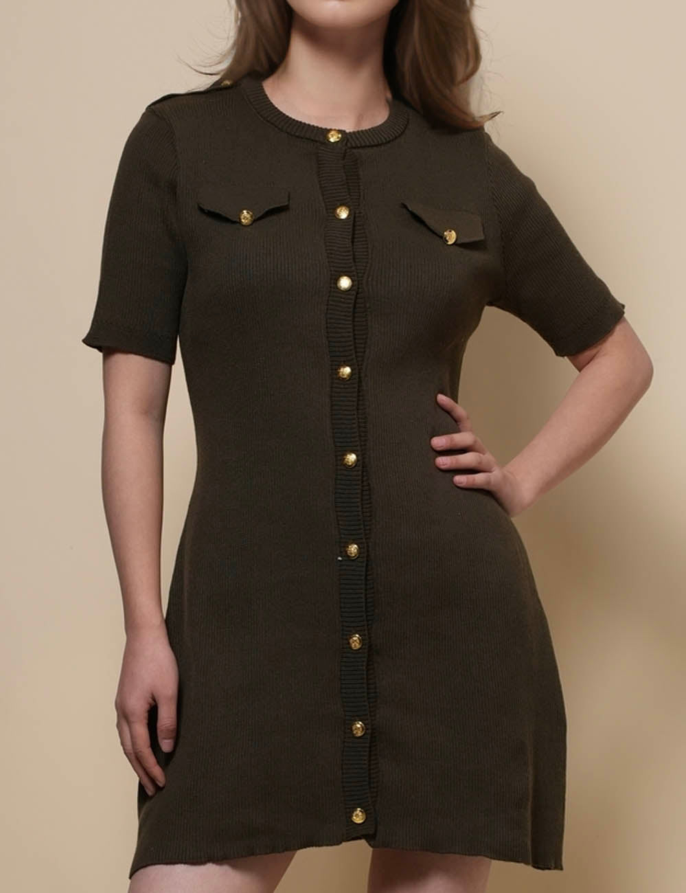 Ladies Short Sleeves Button Knit Mini Dress SKD50140