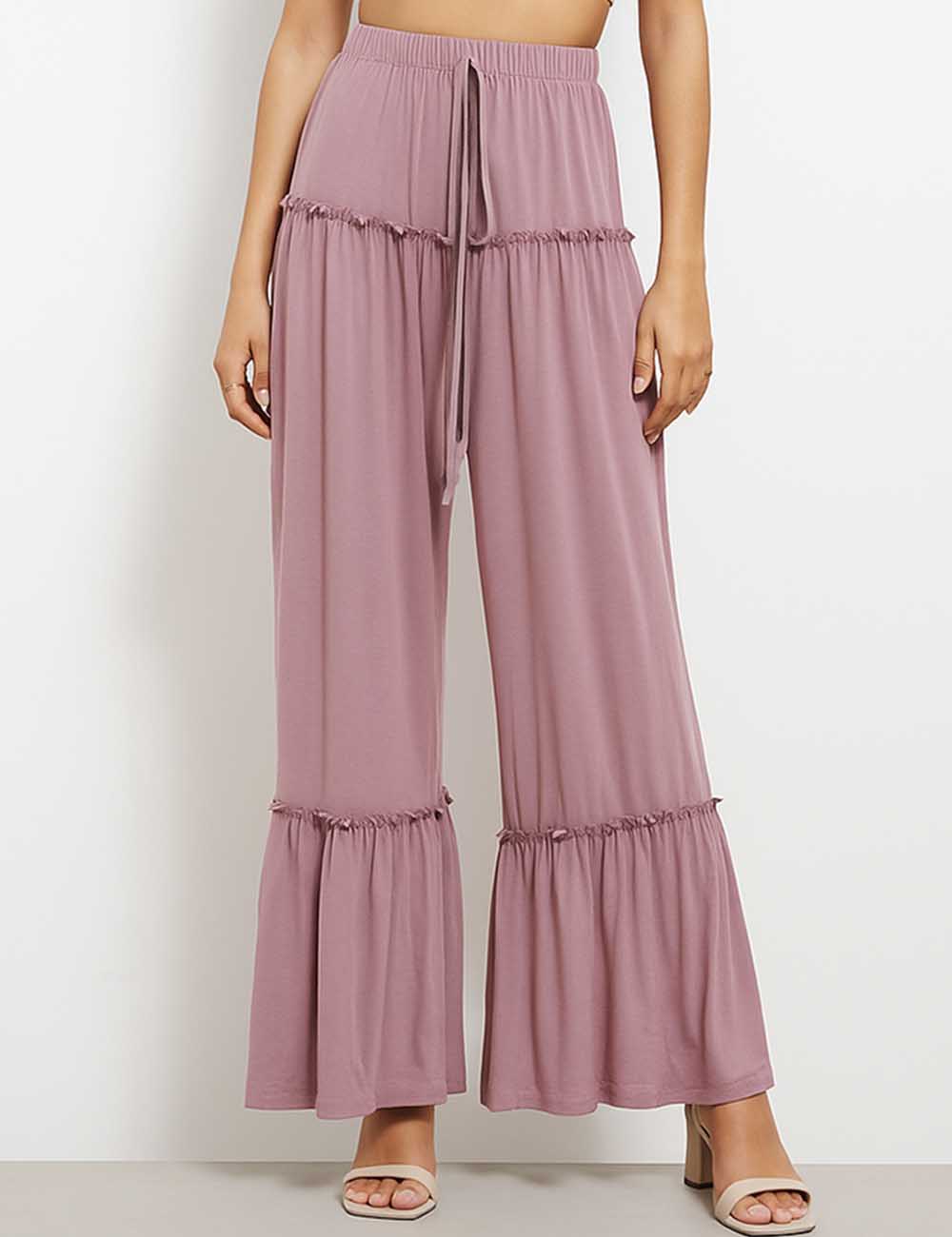 Ladies Stretch Ruched Ruffle Trim Flared Leg Pants