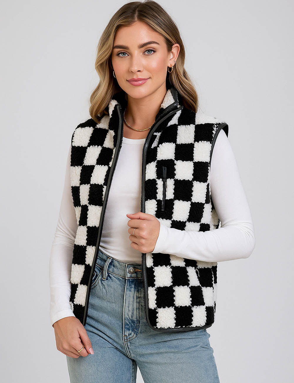 Ladies Color Block Checked Zipper Collar Sherpa Vest